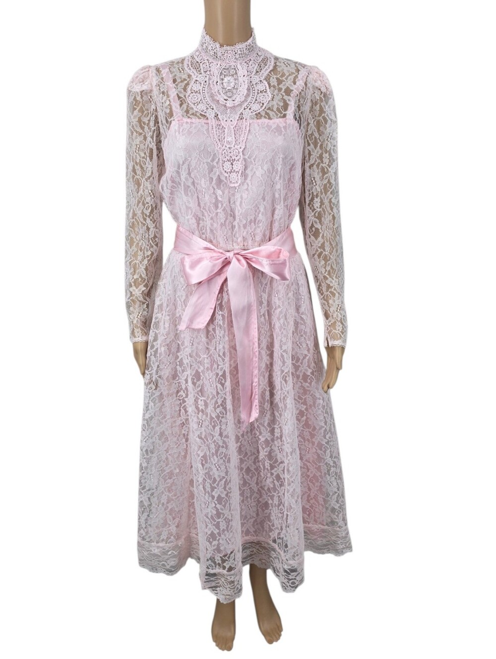 Vintage Gunne Style Pink Sheer Lace Dress with Pink Slip Dress Lining